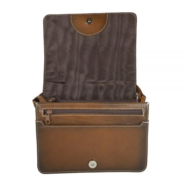 Crossbody kožená kabelka, ručne tieňovaná, svetlo hnedá, uzatváranie - magnet - Image 7