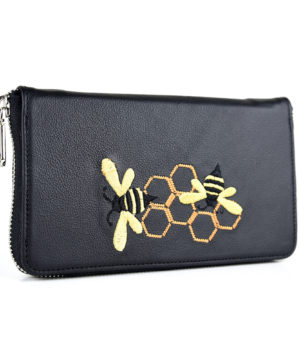 Dámska vyšívaná kožená peňaženka s motívom včelieho úľa