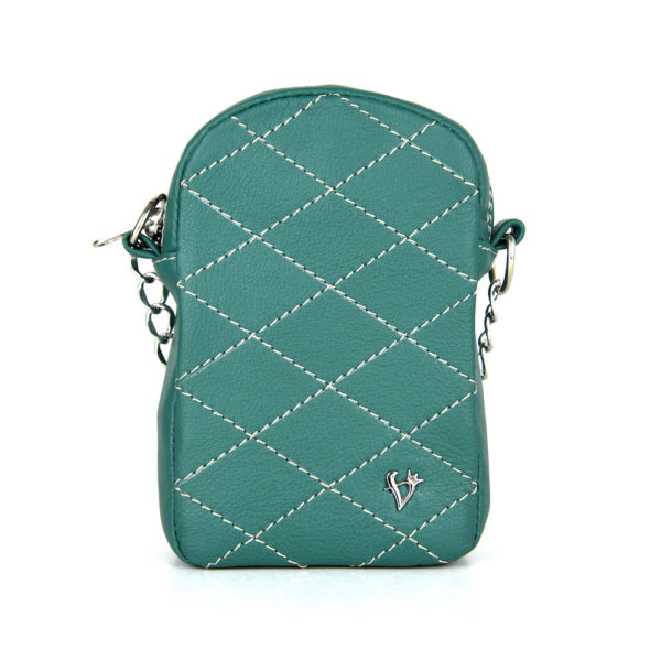 Dámska kožená kabelka na mobil v tmavo zelenej farbe