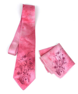 Hodvábna kravata + vreckovka vyrobená na Slovensku - Prírodný ľudový motív - ružový