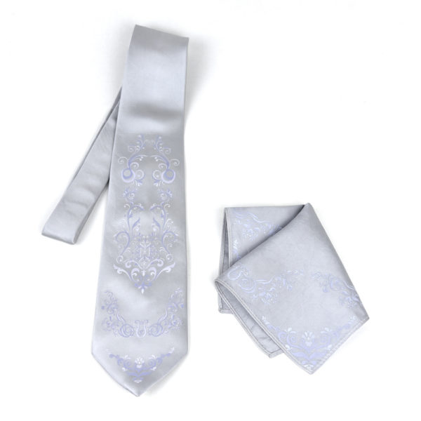 Hodvábna kravata + vreckovka vyrobená na Slovensku - Light Ornament Silver