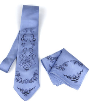 Hodvábna kravata + vreckovka vyrobená na Slovensku - Bratislava vo fialovej farbe