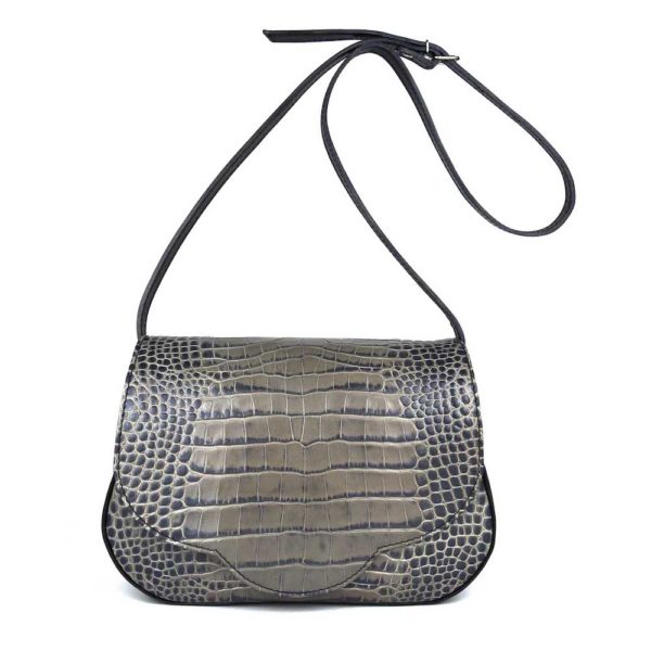 Kabelka crossbody z hovädzej kože s dezénom krokodíla v šedej farbe - Image 9